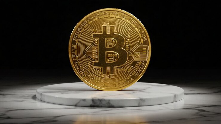 Una straordinaria rappresentazione visiva di una moneta Bitcoin dorata su una base di marmo, che mette in risalto il suo intricato design e il suo simbolismo nel mondo delle criptovalute e della finanza