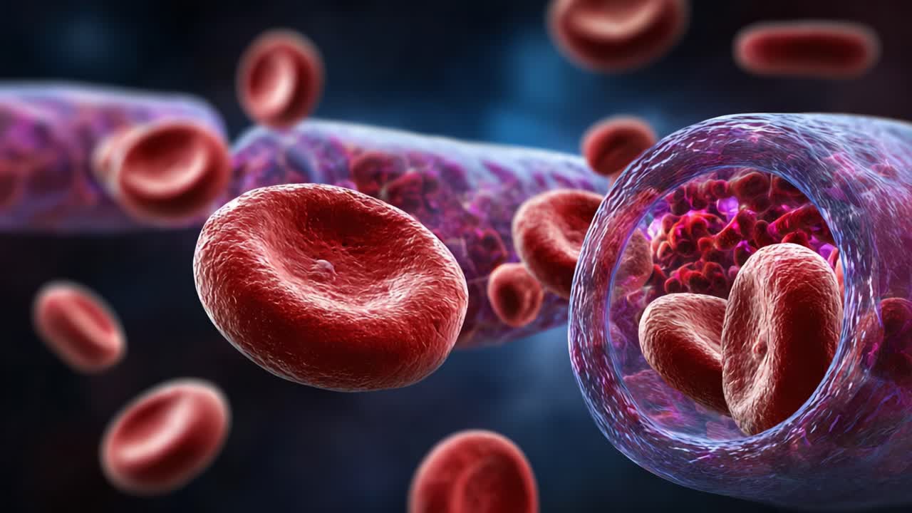 A Close-up Visualization of Human Blood Cells and Vessels, Showcasing Red Blood Cells in Motion Within a Vein against a Dark Abstract Background