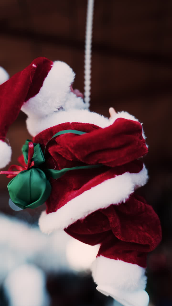 Santa Claus toy moving up and down a cord with a blurry background. Vertical