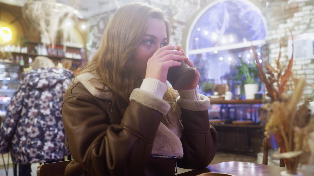 Thoughtful girl sitting in cozy cafe sipping warm drink, wearing brown shearling jacket, enjoying relaxed atmosphere with soft lighting, perfect for a calm, peaceful, and reflective moment