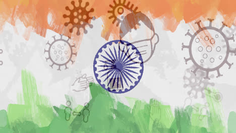 composition of covid 19 cells icons over indian flag