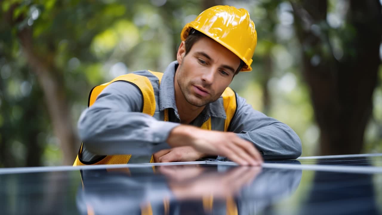 Young man in hard hat inspects solar panel. He rests hands on shiny surface. Focused expression shows careful inspection. Green trees frame the outdoor setting