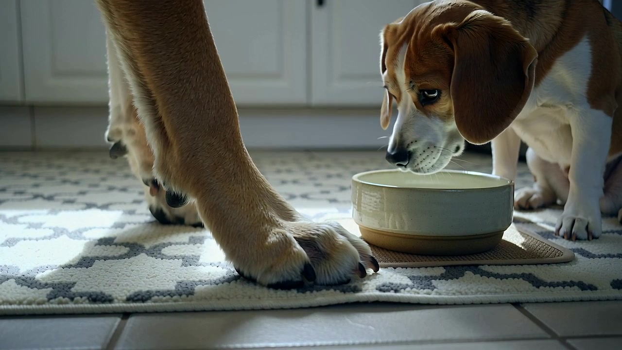 Beagle farejando enquanto observa a pata de um cão maior se movendo em direção a uma tigela de água de cerâmica na cozinha