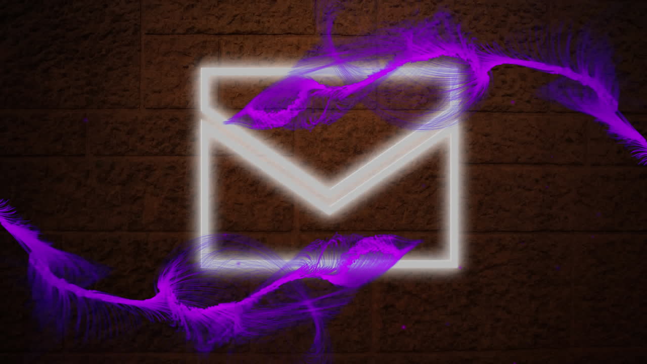Animazione digitale di onde digitali viola su un'icona di messaggio neon su uno sfondo di muro di mattoni.