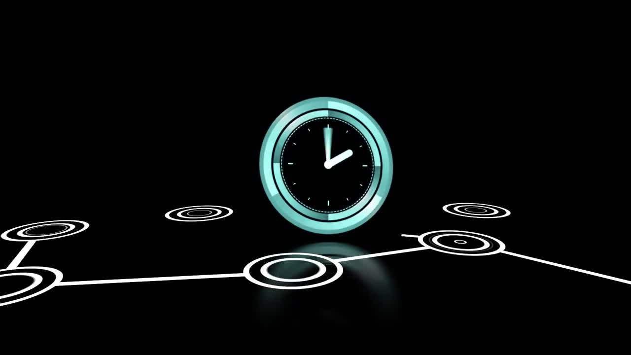 Animation of clock moving fast with scopes scanning on black background