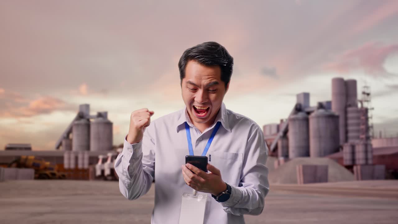 夕焼けのセメント工場で、スマートフォンを手に、目標達成を叫びながら拳を突き上げるアジア系の男性プロフェッショナル作業員。