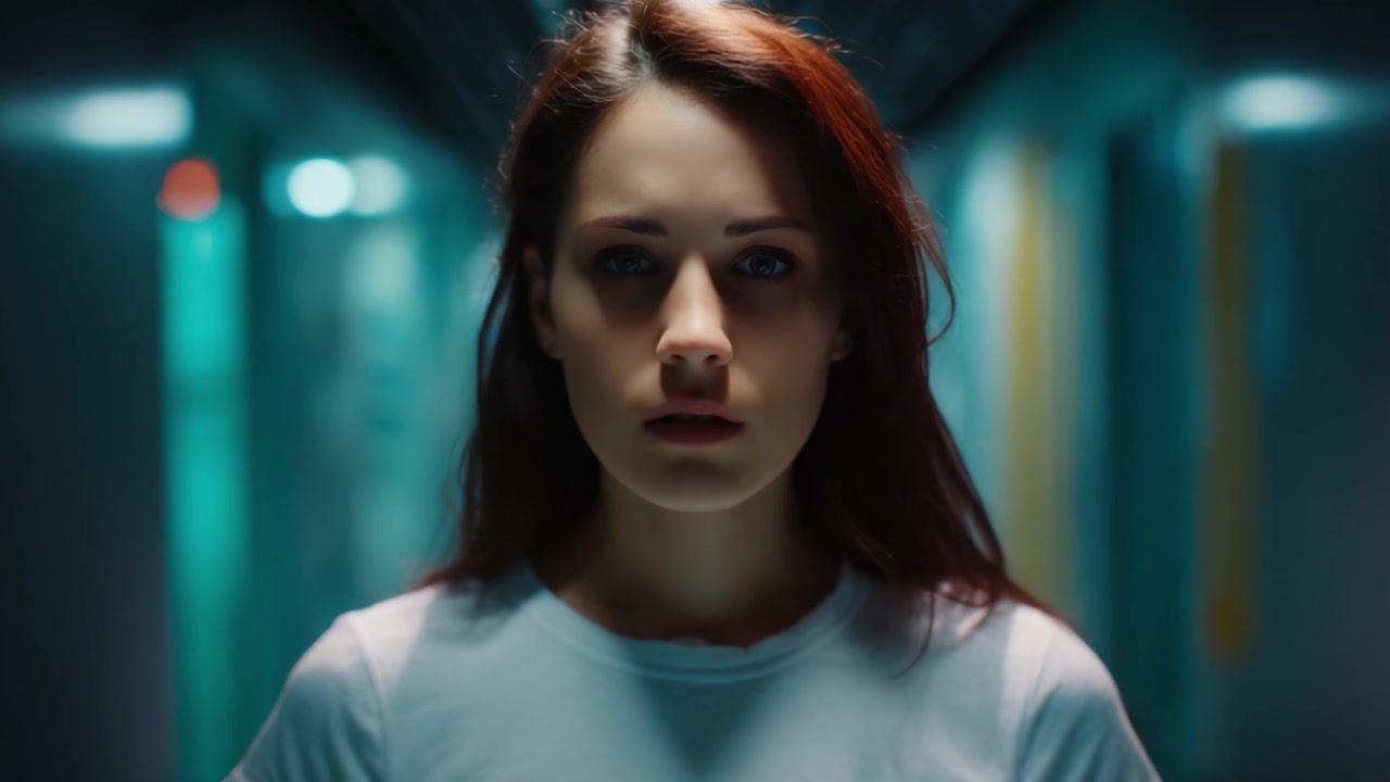 Una giovane donna contemplativa lotta con le sue emozioni in un corridoio poco illuminato, catturando un momento di introspezione e vulnerabilità in un'atmosfera cinematografica