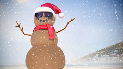 composición de video con nieve sobre arena hombre con sombrero de santa claus en la playa
