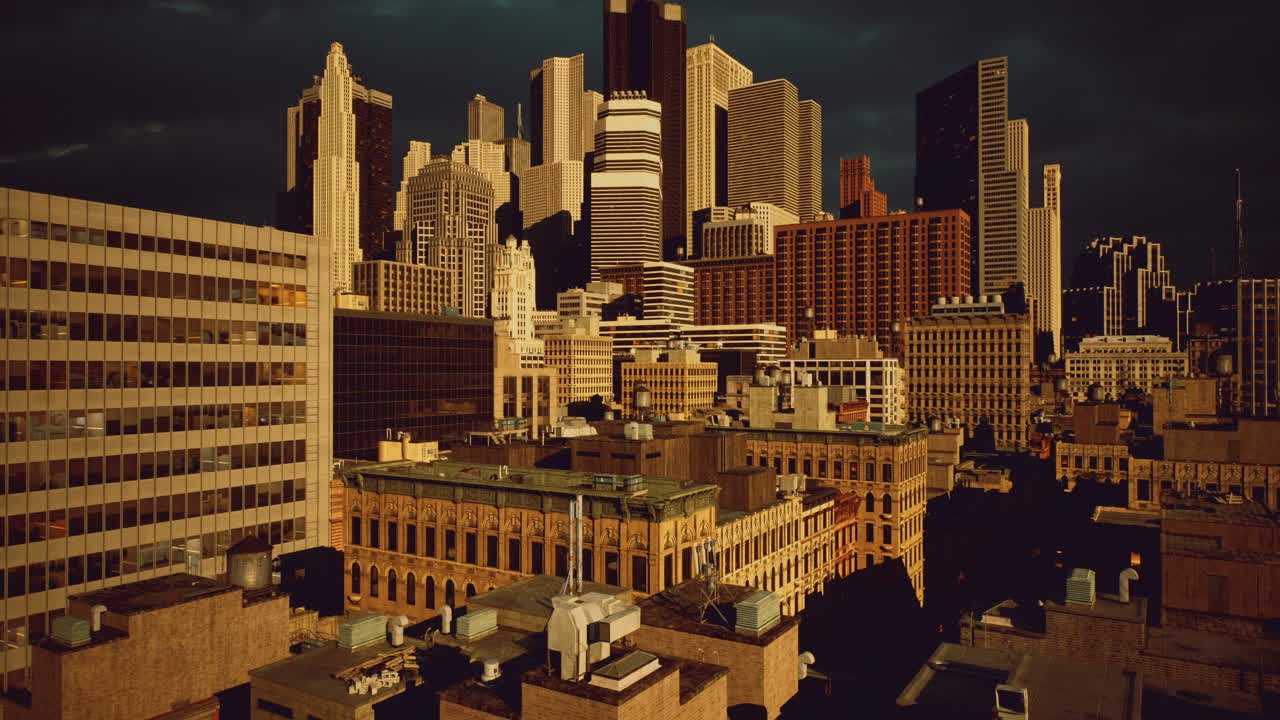 Vibrant sunset illuminates skyscrapers over urban landscape in downtown city