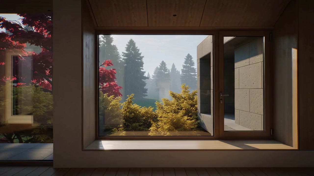 Camera panning framed exterior through tall glass at living room revealing bench and garden