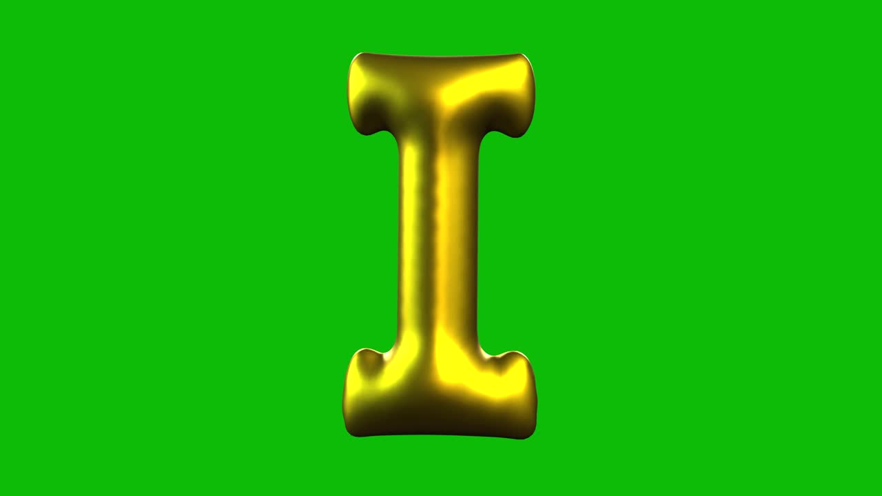 Gold Foil balloon letter I inflates, spins, and reveals on green screen in 3D animation. Ideal for celebrations, parties, birthdays, and video editing projects