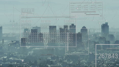 animation of digital data and network connections overlaying city skyscrapers