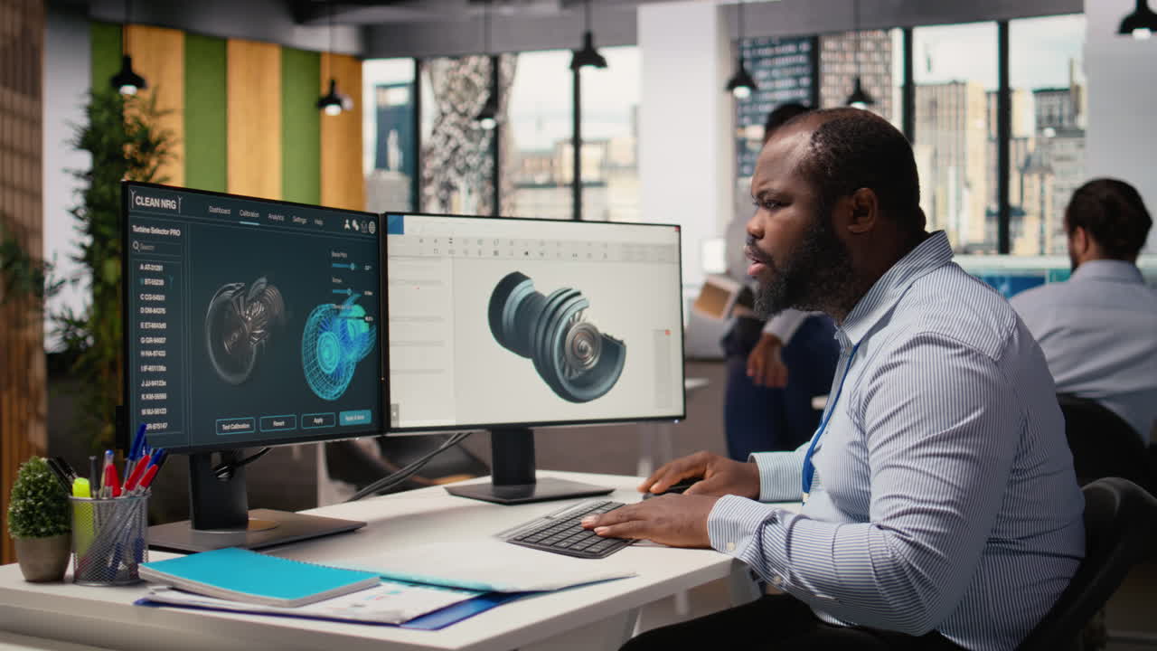 Technician Using Cad Program On Pc To Optimize Wind Turbine Design