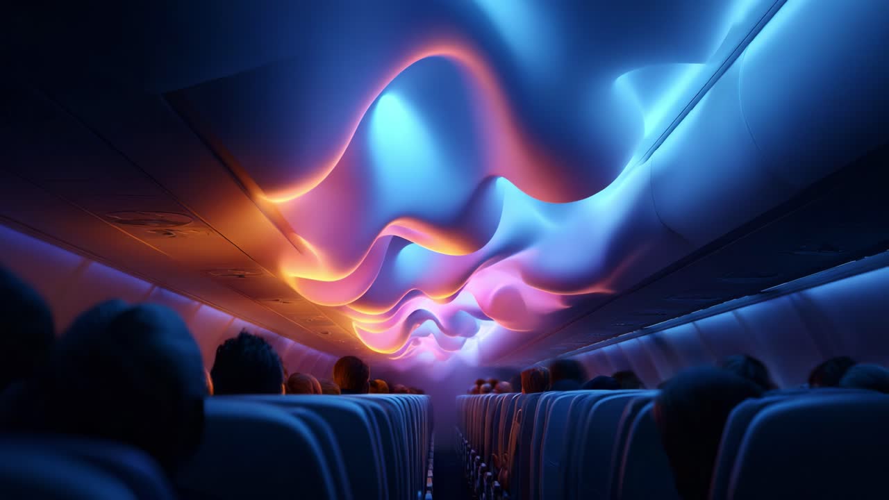 Capturing the Ethereal Atmosphere of a Modern Airplane Cabin with Stunning Ambient Lighting Effects, Creating a Dreamlike Experience for Passengers During Flight