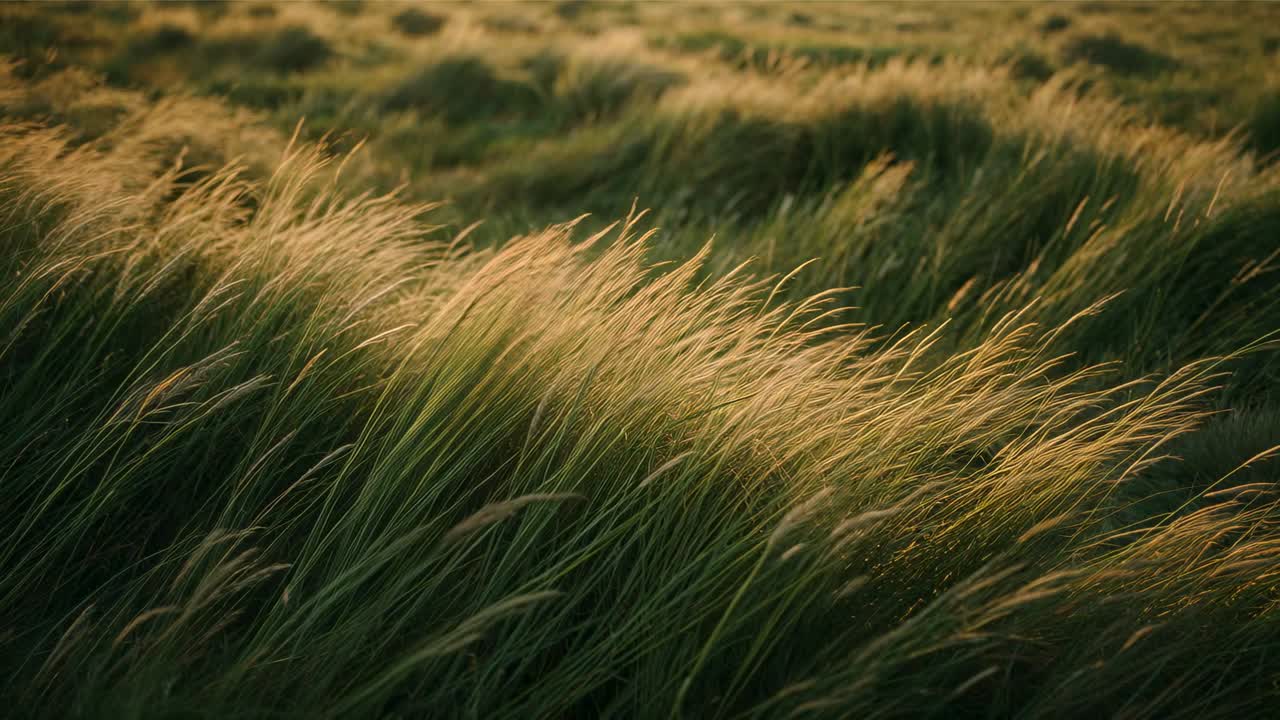 Rippling tall grasses with seed heads bending, swaying in warm breeze on dunes, sunlit highlights