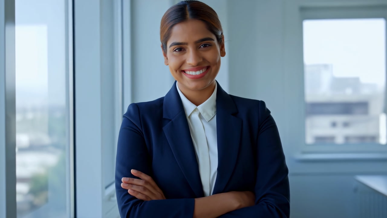 South Asian Woman In Office Window, Wearing Navy Suit And White Blouse, Arms Crossed, Smiling Confidently
