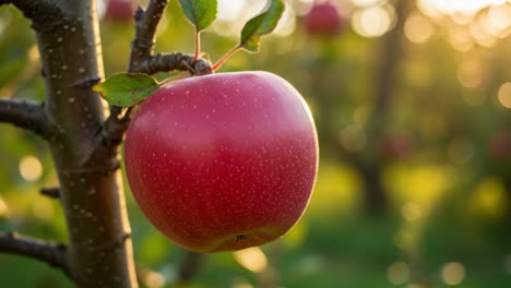 a luscious red apple hangs gracefully from a branch in a sunlit orchard, surrounded by green leaves and a blur of soft light, signifying the beauty of nature's harvest