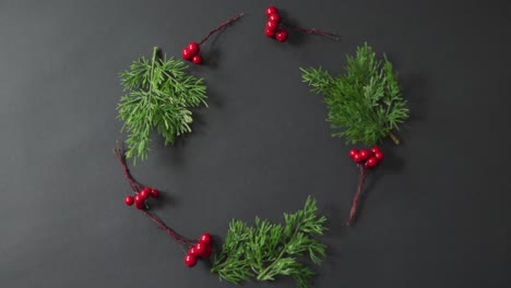 Video-of-christmas-decoration-sprigs-with-red-berries-and-copy-space-on-black-background