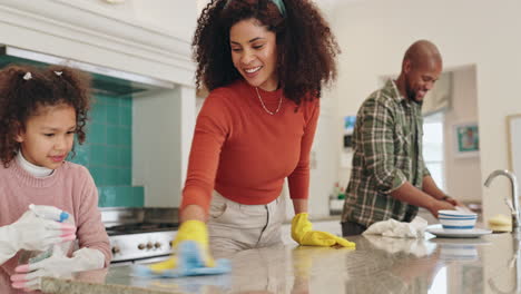 family cleaning the kitchen together