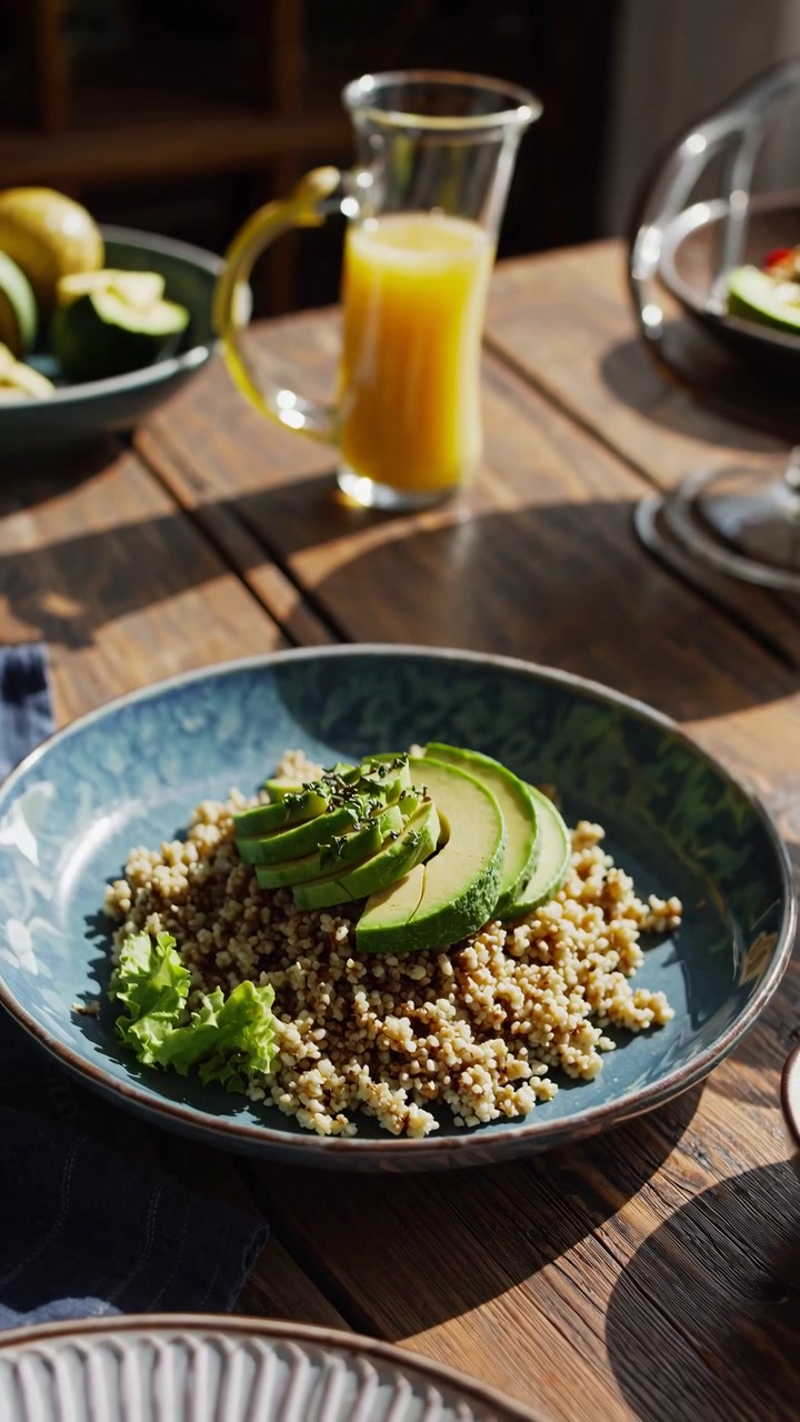 Sunt vegansk måltid med avokado og quinoa på et trebord