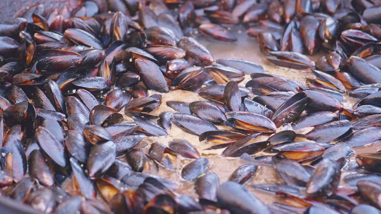 Fresh shellfish mussels steaming in large cooking pan of juicy liquid