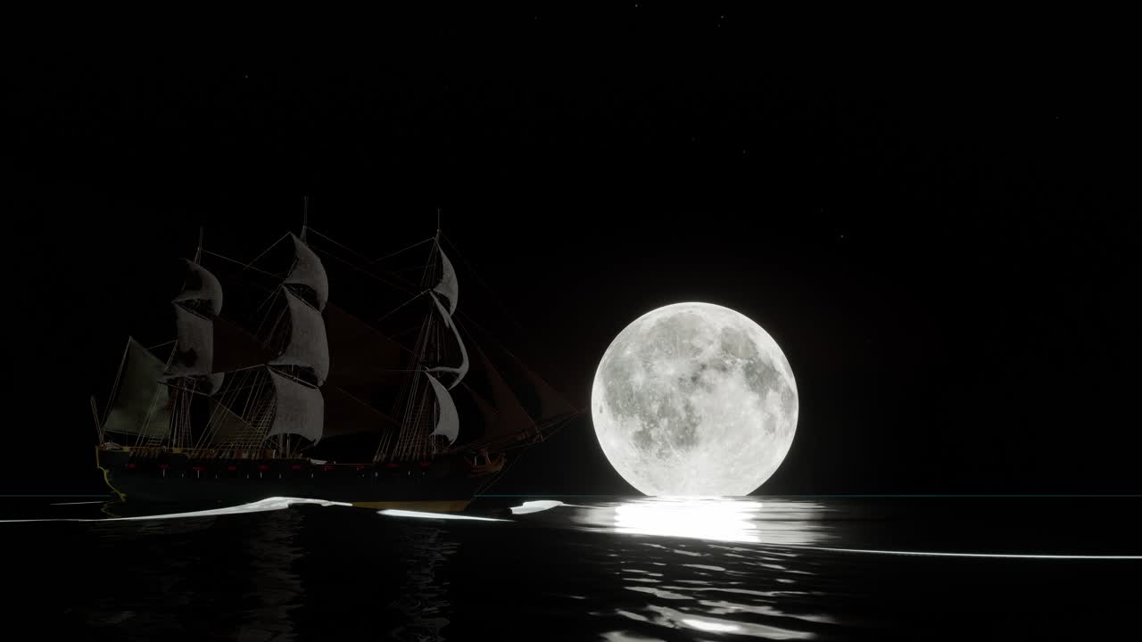 Ship at Night Under the Full Moon