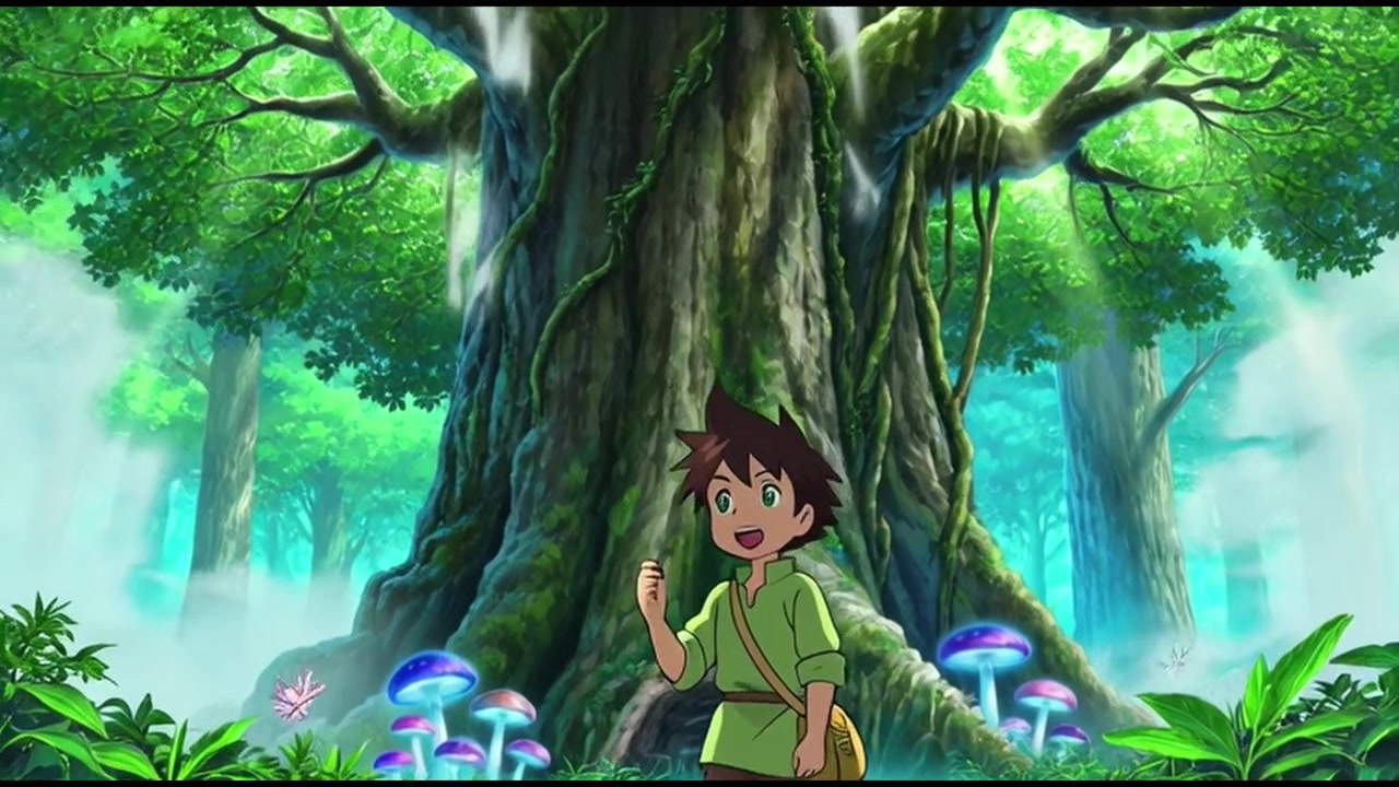 Ragazzo animato che cammina attraverso una foresta magica e luminosa.