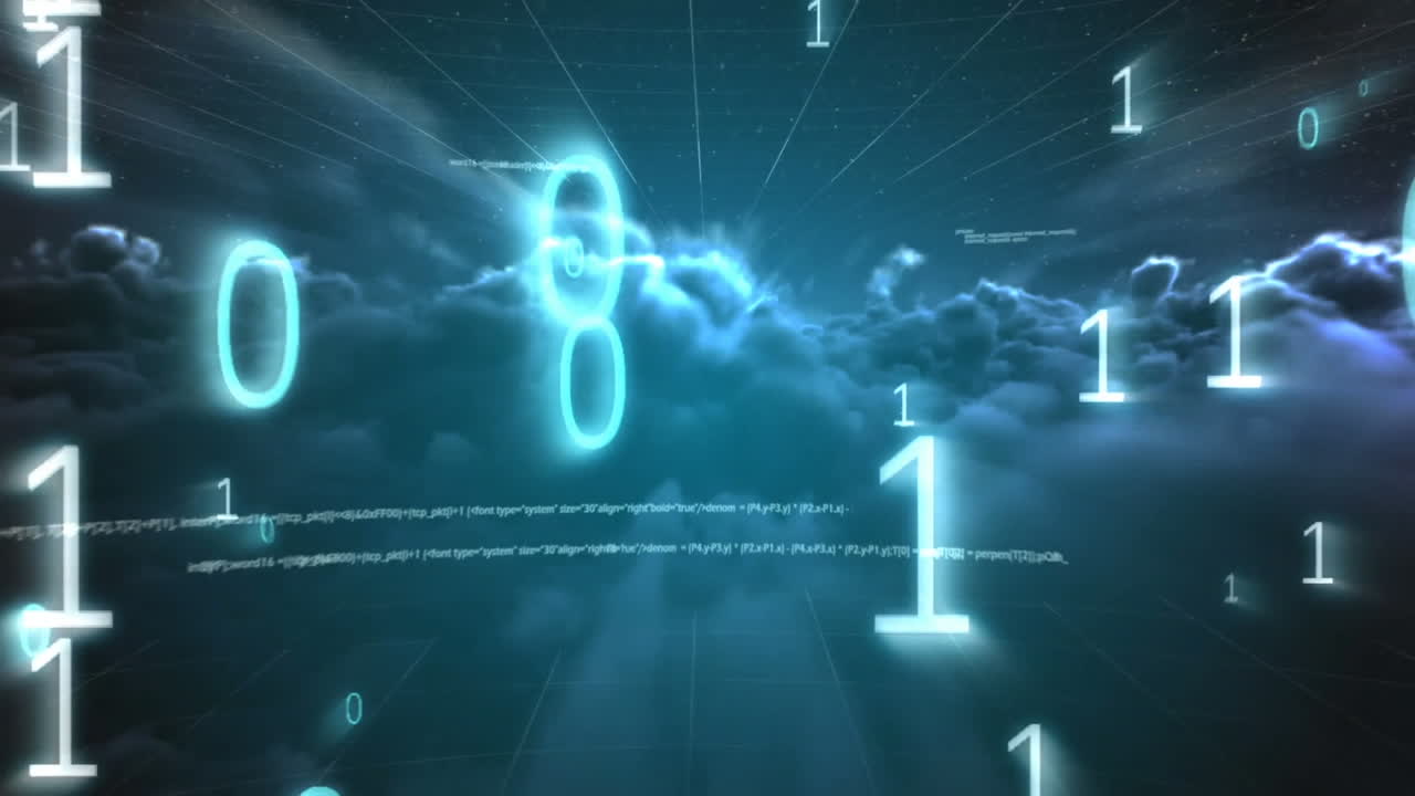 códigos binarios y relámpagos en las nubes