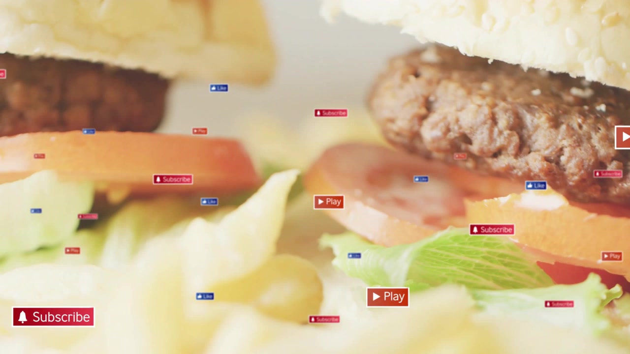 Camera pullback causing badges floating as patty, tomato, greens revealing fries, CTAs for clicks