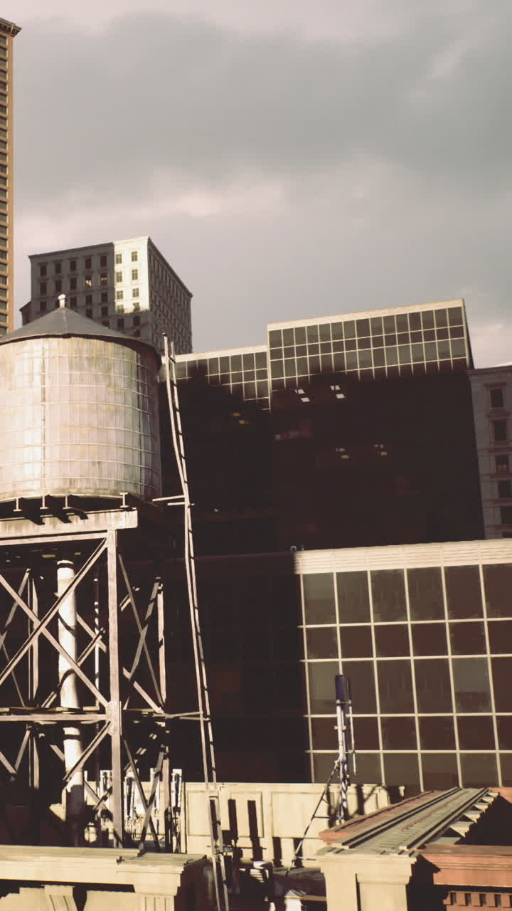 Edificios de la ciudad y torre de agua se alzan bajo un cielo nublado en un entorno urbano.