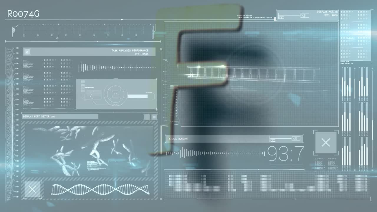 Animasjon av infografisk grensesnitt med f-alfabet, DNA-heliks og glødende lysglimt
