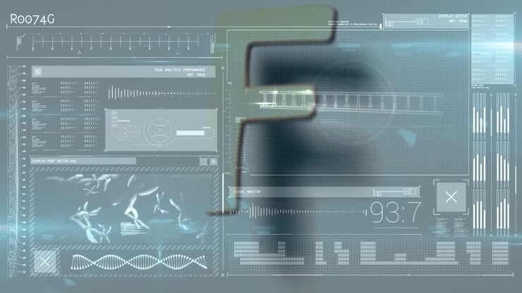 Animation of infographic interface with f alphabet, dna helix and glowing flare