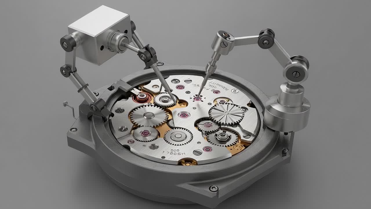 An Intricate Assembly of Mechanical Watch Components with Precision Tools, Showcasing the Complexity and Beauty of Horological Engineering in Two Distinct Stages