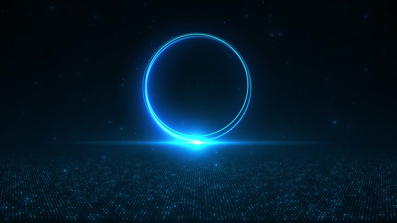 Blå neonring digital gitterbaggrund, glødende cirkulær portal, stjernefyldt mørkt rum, futuristisk prikket