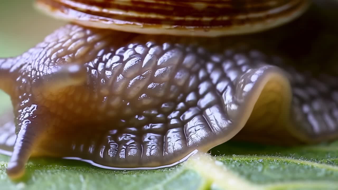 Close-up Macro View of a Snail on a Leaf