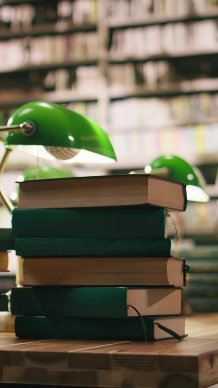Video verticale: Pila di libri con copertina rigida su una scrivania di legno in una biblioteca universitaria vuota.