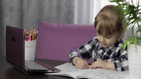 niña aprendiendo lecciones en línea usando computadora portátil digital. educación a distancia