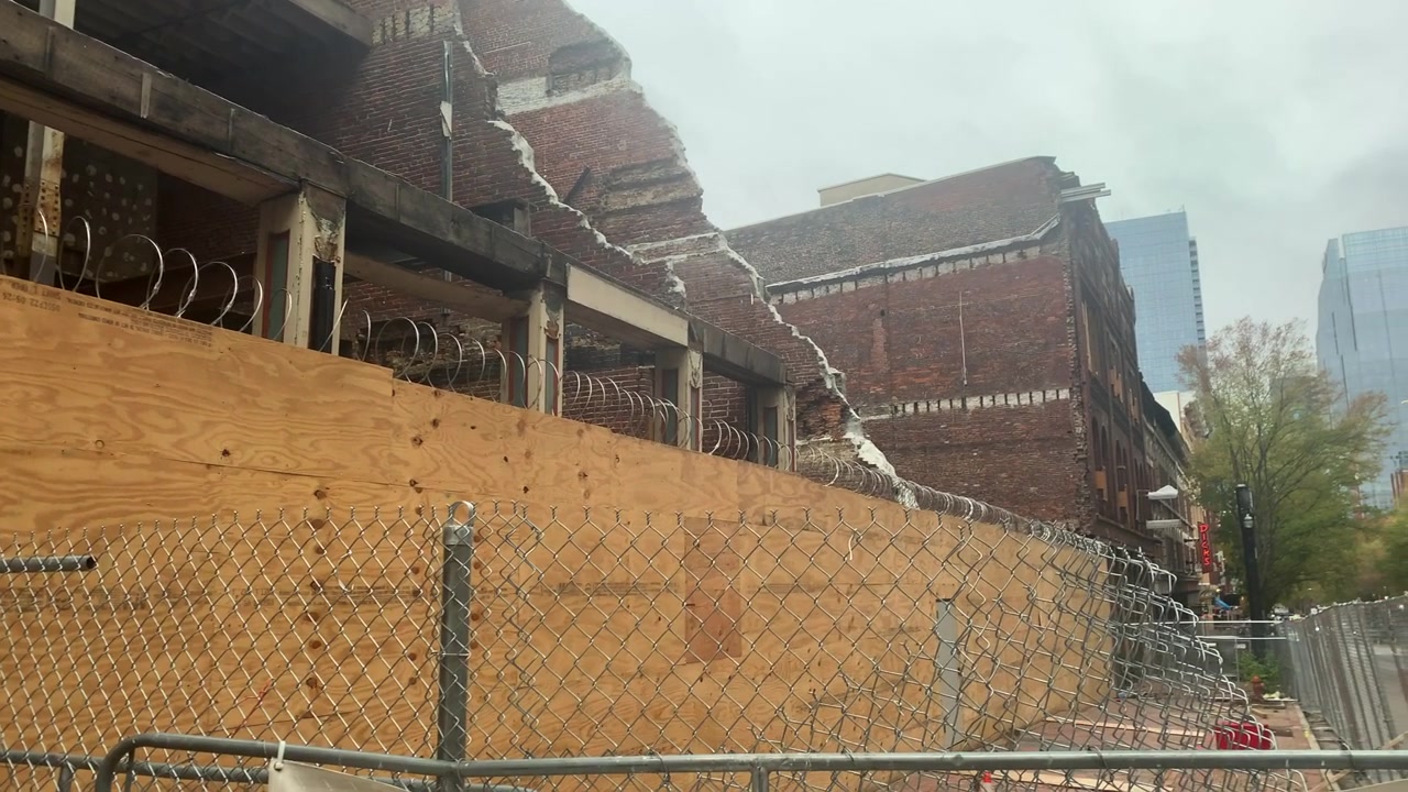 Nashville bombing aftermath. November 2022 years after the Christmas Day bombing the ruined historic buildings of 2nd Avenue are still boarded off awaiting reconstruction.