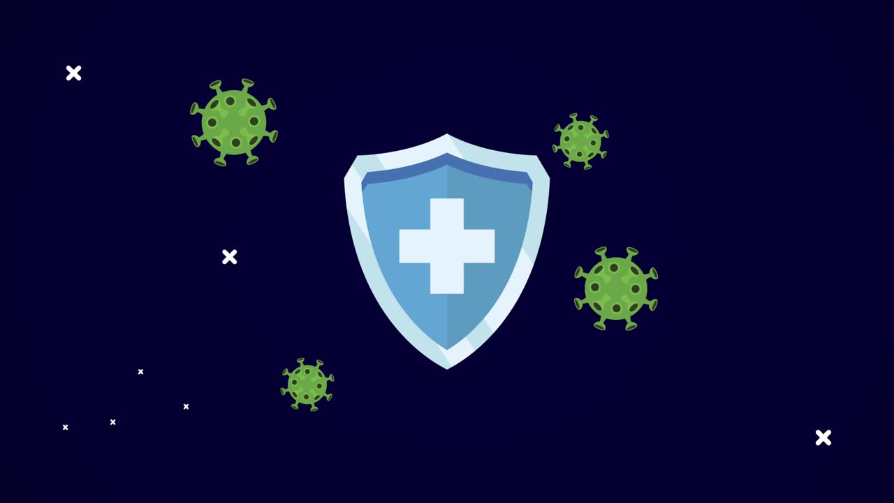 partículas del virus covid-19 con animación de escudo