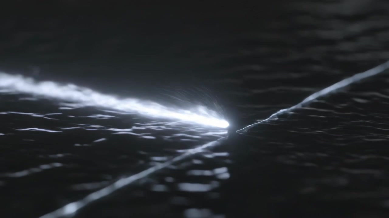Traveling pulse crossing rippling surface at night hitting diagonal line and causing brief burst