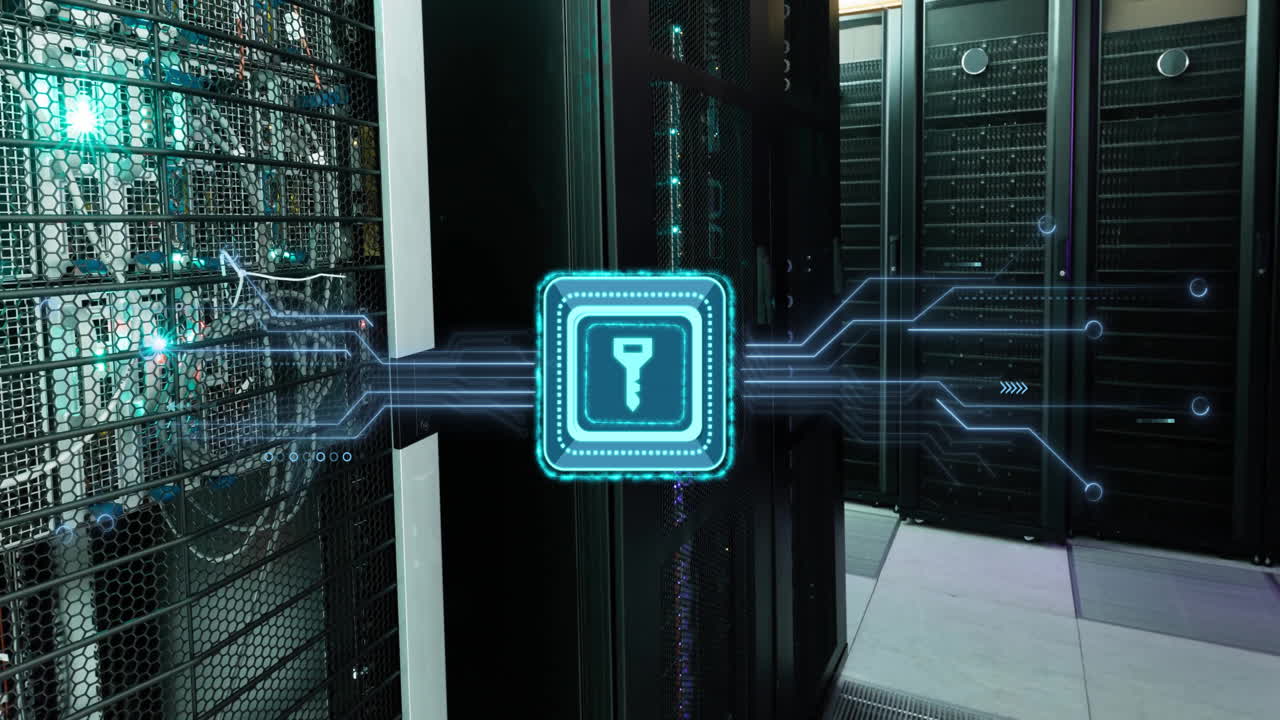 Animation of shapes and key over server room