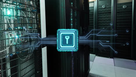 Animation of shapes and key over server room