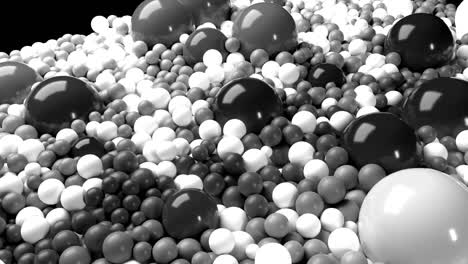 4к 3d looped animation with beautiful black and white small and large spheres or balls as an abstract geometric background. beautiful composition with a plane is covered black and white balls