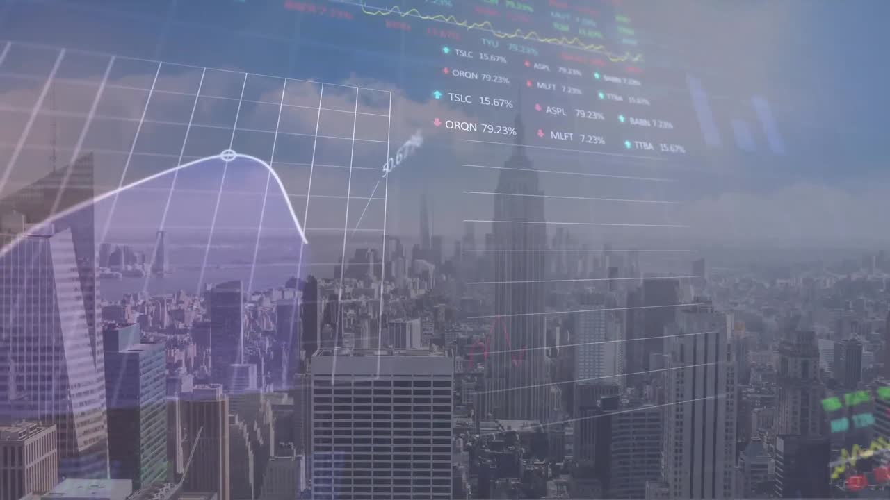 animación del procesamiento de datos estadísticos y bursátiles frente a una vista aérea del paisaje urbano