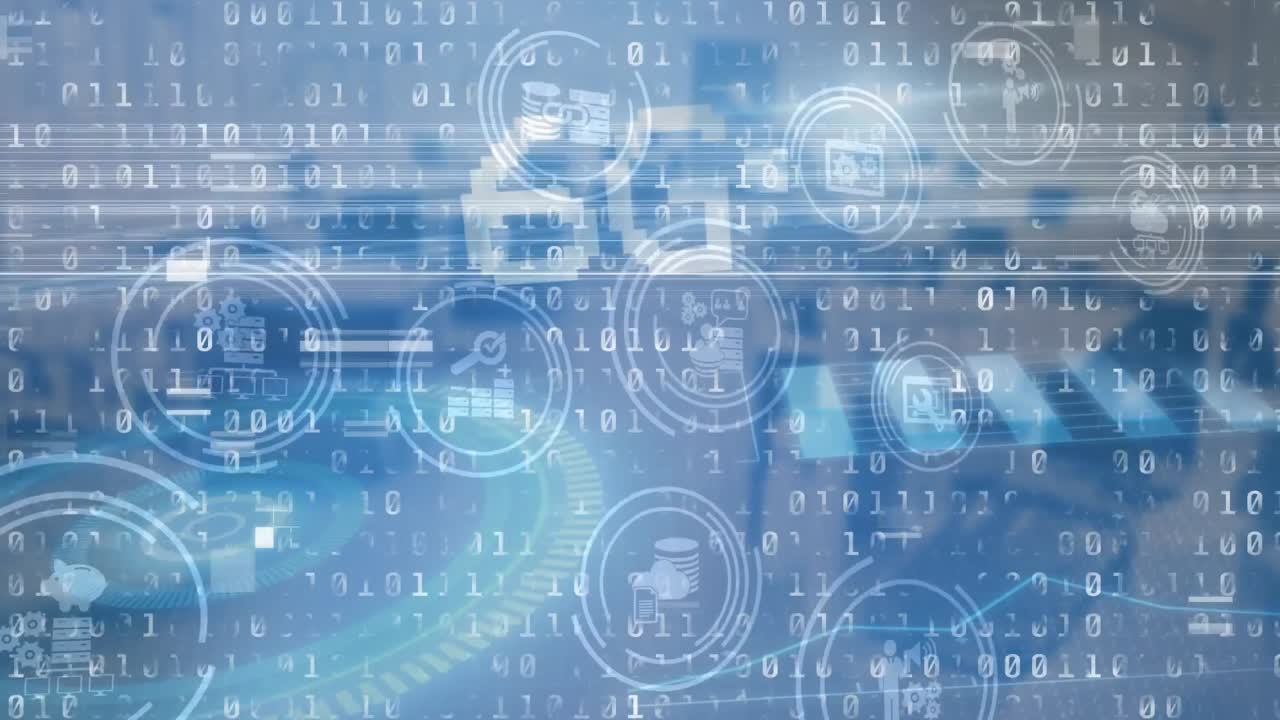 6g 텍스트와 디지털 아이콘이 바이너리 코딩 데이터 처리를 배경에서 비어있는 사무실에 대해 처리합니다.