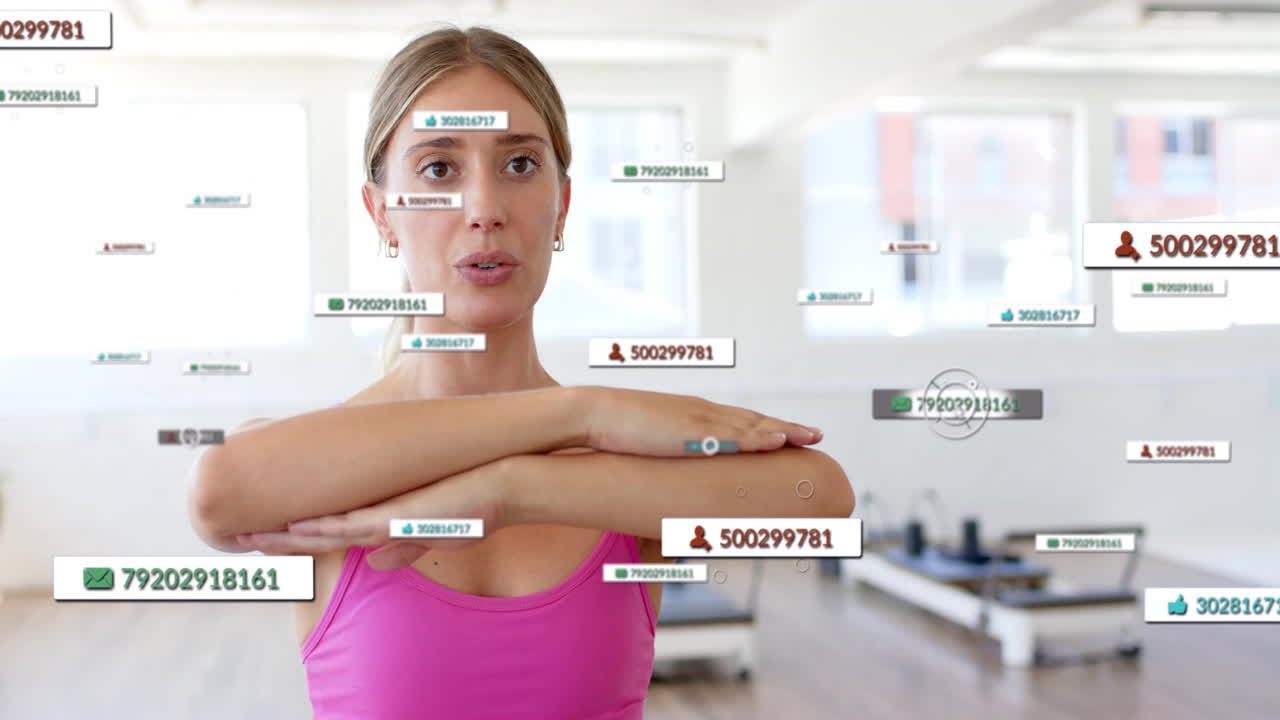 Stretching arms in gym, woman surrounded by contact information animation