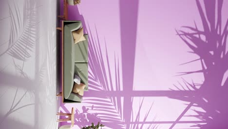 Moderno-Apartamento-Sala-De-Estar-Sombras-De-Plantas-Moviéndose-En-La-Pared-Rosa-Por-La-Suave-Brisa-Del-Viento-De-Verano-Renderizando-Animación-Arquitectura-Concepto-De-Diseño-Interior