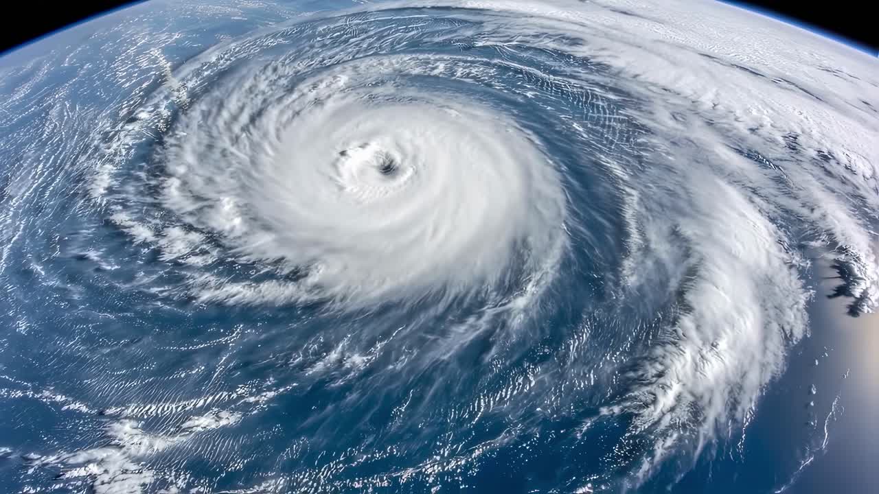 Powerful hurricane spinning over the ocean captured from space showcasing swirling clouds and intensity