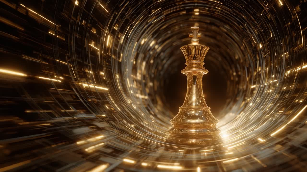 Golden king chess piece charging forward through a glowing high tech tunnel of streaming data, symbolizing leadership, strategic vision, innovation and competitive success in digital space