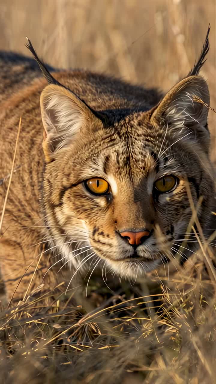 Vertical video: Stalking wild felid moving through dry grasses, showing ear tufts and amber eyes